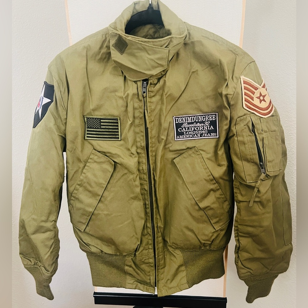 💣🫒DENIMDUNGREE GREEN AVIATOR BOMBER JACKET W/PATCH WORK SIZE X-S/SMALL - Picture 8 of 11